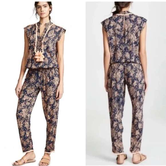 Poupette St. Barth Donna Fringe Trimmed Long Jumpsuit In Navy Dream Size L NWT - Picture 1 of 11